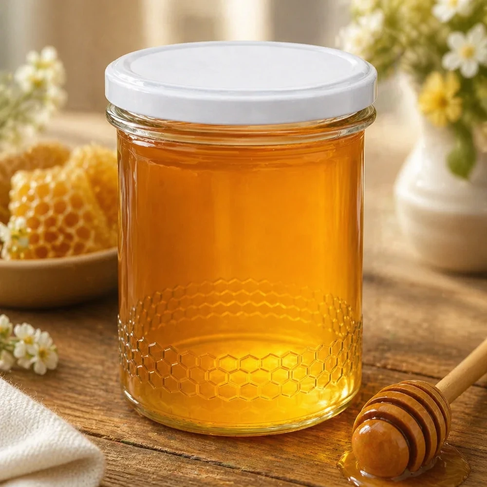 Tarro para miel de 560 g con tapa blanca BasicSeal UNiTWIST Tarro de miel de 400ml lleno de miel dorada junto a cuchara de miel y nido de abeja escena de cocina natural motivo nido de abeja