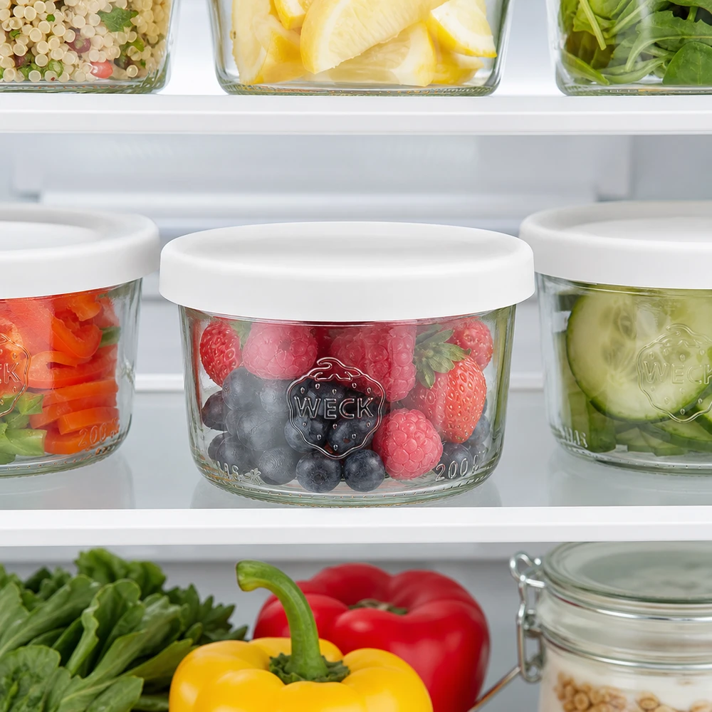 WECK 200ml RR80 tarro mason con frutas del bosque en la nevera tapa de silicona blanca Tarro Keep-fresh para fruta y verdura