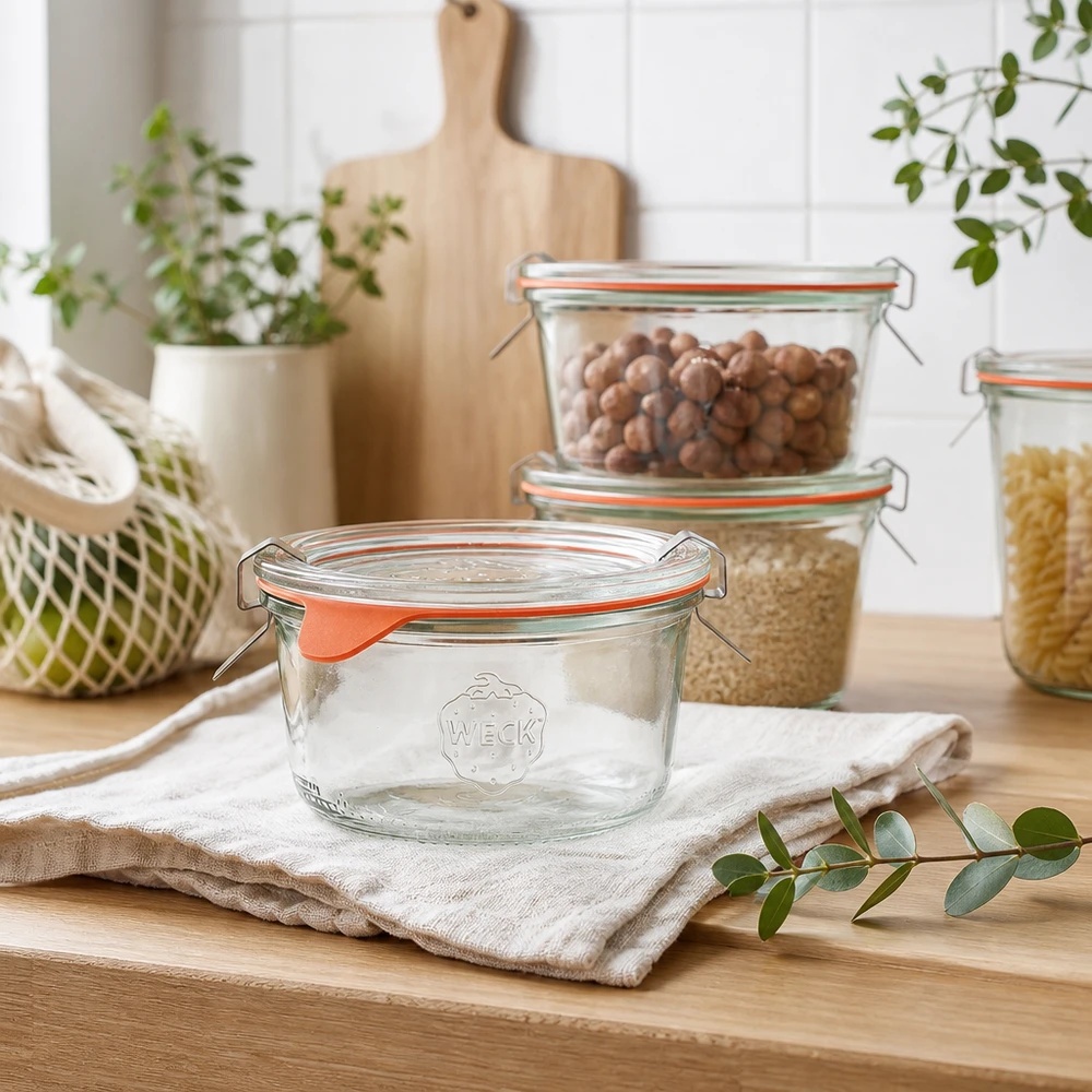 Vasos WECK 165ml RR80 en una cocina moderna con tarros de almacenaje llenos de frutos secos y cereales sobre una encimera de madera.