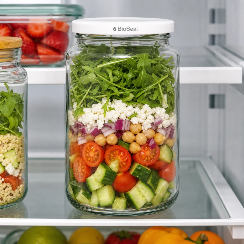UNiTWIST Runda382 mit weissem Deckel TO66 BioSeal UNiTWIST Runda382 Ensalada en capas en la nevera - Tarro Meal Prep con verduras frescas y tapa blanca BioSeal