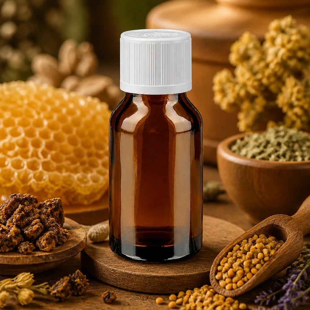 Botella de farmacia marrón 30ml tapón de rosca blanco a prueba de niños estándar Frasco de farmacia marrón de 30 ml con tapón de seguridad para niños, rodeado de un diseño de panal de abejas y hierbas medicinales
