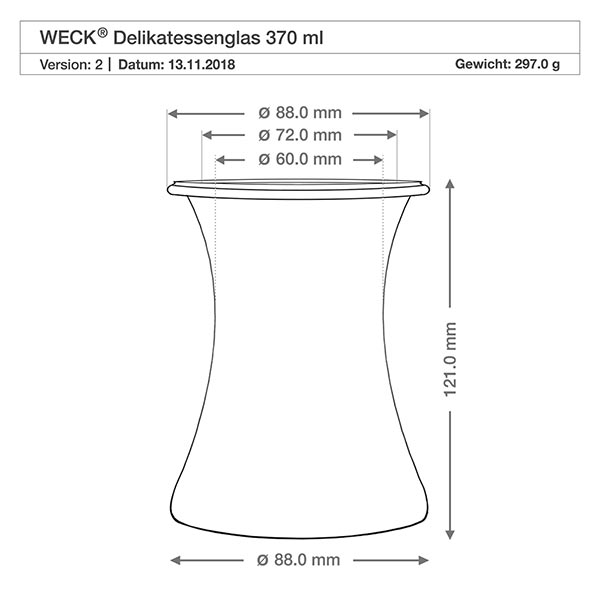Juego de 18 tarros Weck 370ml tarro delicatessen con 18 tapas de cristal WECK Delikatessengl 370ml RR80 dibujo técnico Dimensiones Diámetro Altura Especificación del producto