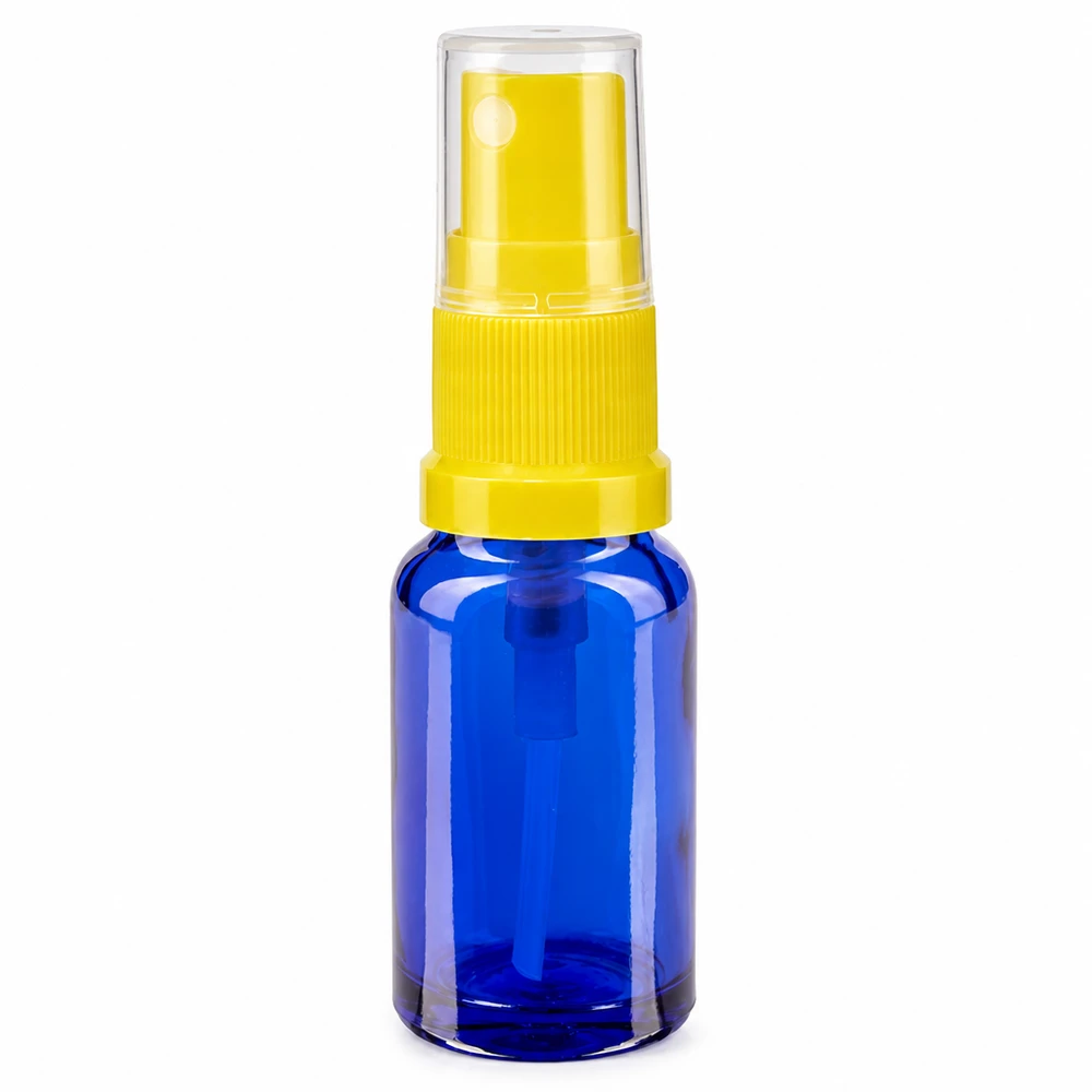 Frasco de cristal azul de 30 ml con pulverizador amarillo y tapón protector transparente para farmacias