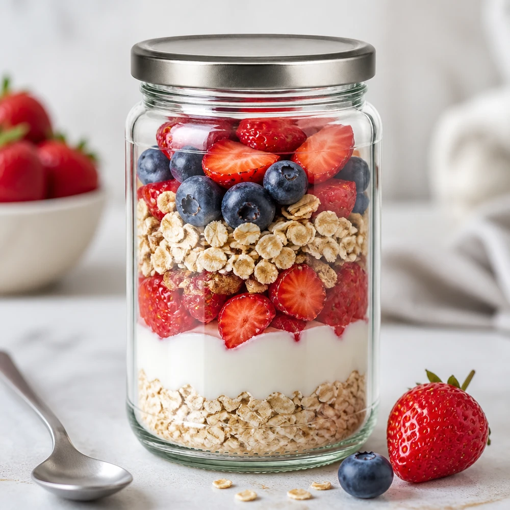 Tarro redondo de 305ml con tapa BasicSeal plata UNiTWIST 305ml Rundglas als Overnight Oats Schichtdessert mit Beeren und Granola - BasicSeal Deckel silber für Meal Prep