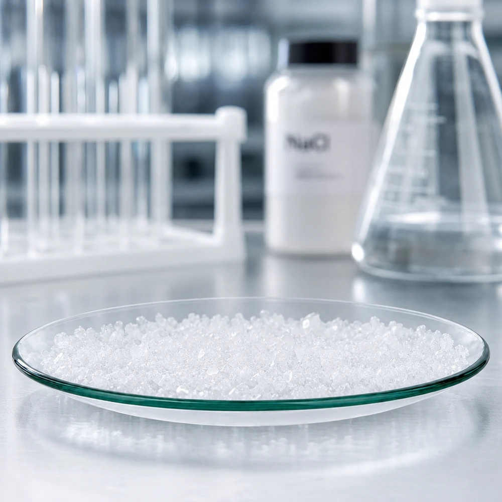 Plato de vidrio para relojes ø110 mm Ver plato de vidrio de 110 mm de diámetro con gránulos blancos en un entorno de laboratorio estéril