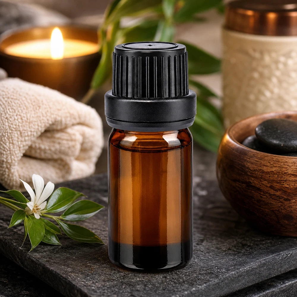 Frasco de vidrio ámbar de 5 ml con tapón negro de 11 mm, entre piedras de masaje y velas aromáticas
