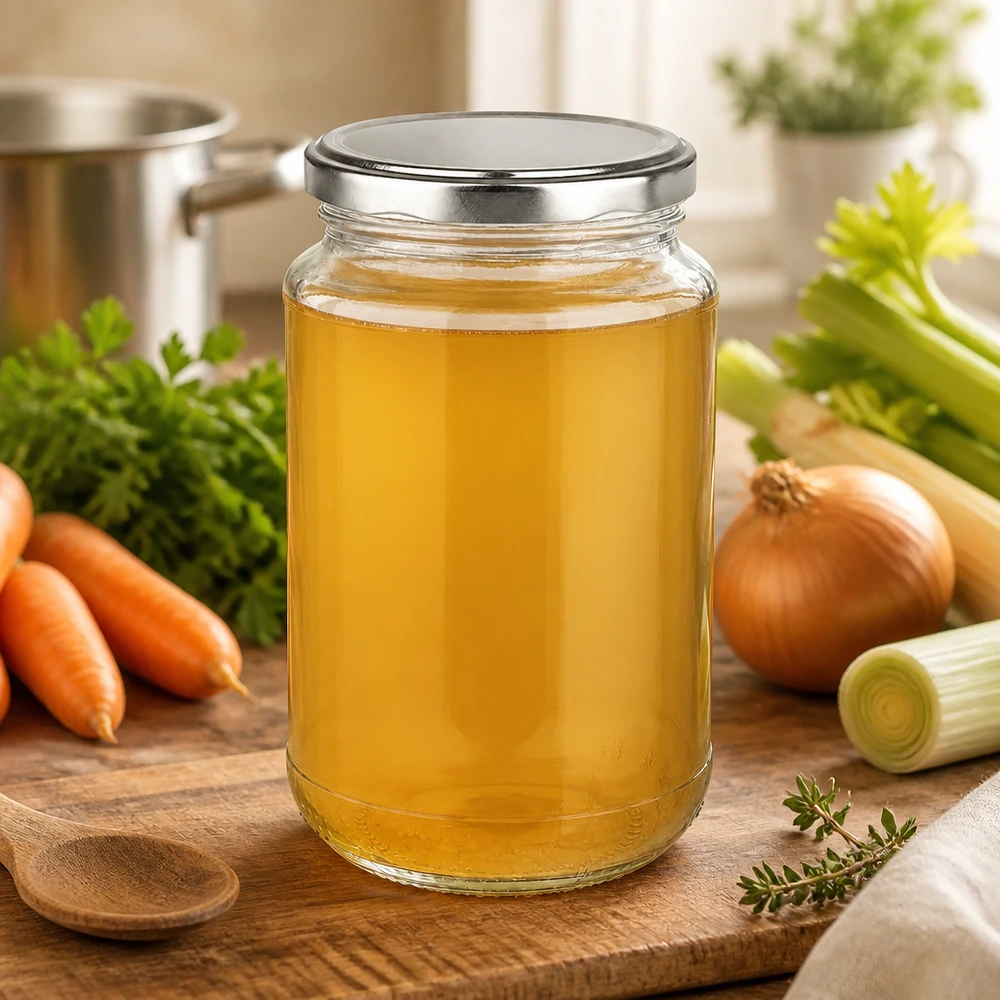 Caldo de verduras casero en un tarro redondo de cristal UniTwist de 320 ml con tapa BasicSeal plateada