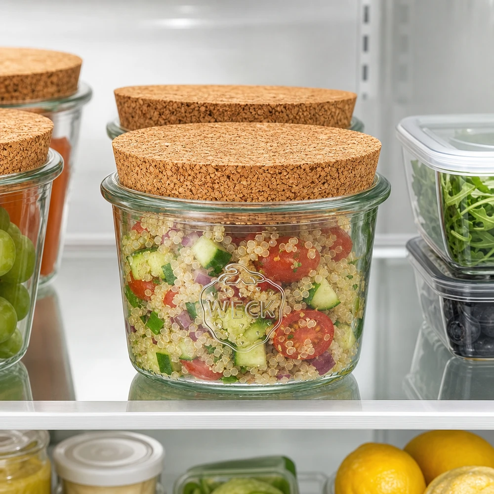 WECK 80ml RR60 mason jar con corcho en la nevera para guardar ensalada de quinoa y alimentos frescos