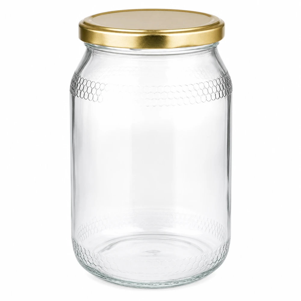 Tarro de miel de 900 ml con tapa dorada BasicSeal UNiTWIST - tarro de cristal vacío para miel con relieve en forma de panal