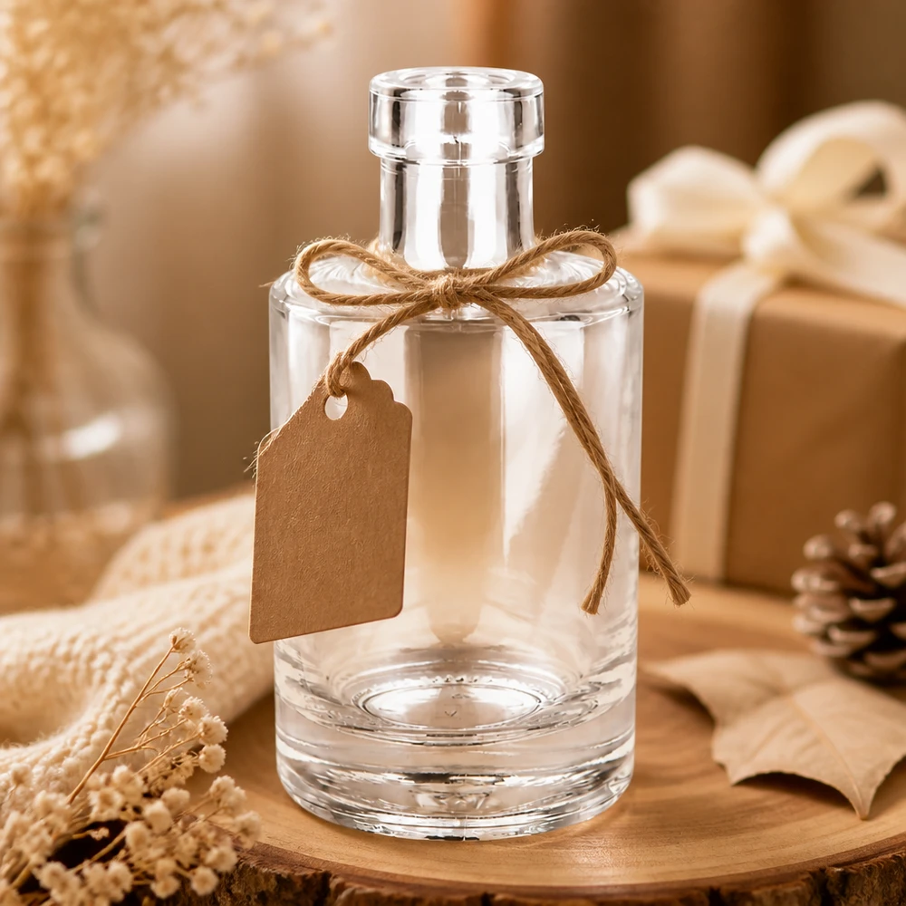 Botella de vidrio de 200 ml «Marie» sin tapón UNiTWIST® Glasflasche Marie 200ml leer dekorativ mit Geschenkanhänger rustikale Herbstdeko mit Tannenzapfen und warmer Atmosphäre