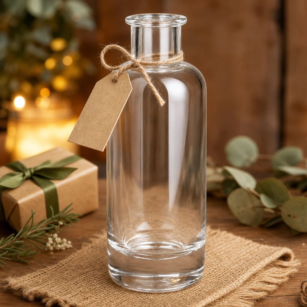 Botella de vidrio de 200 ml «Ella» sin tapón UNiTWIST® Botella de cristal de 200 ml Ella vacía con etiqueta de regalo y cinta de yute como regalo de Navidad decorada en madera