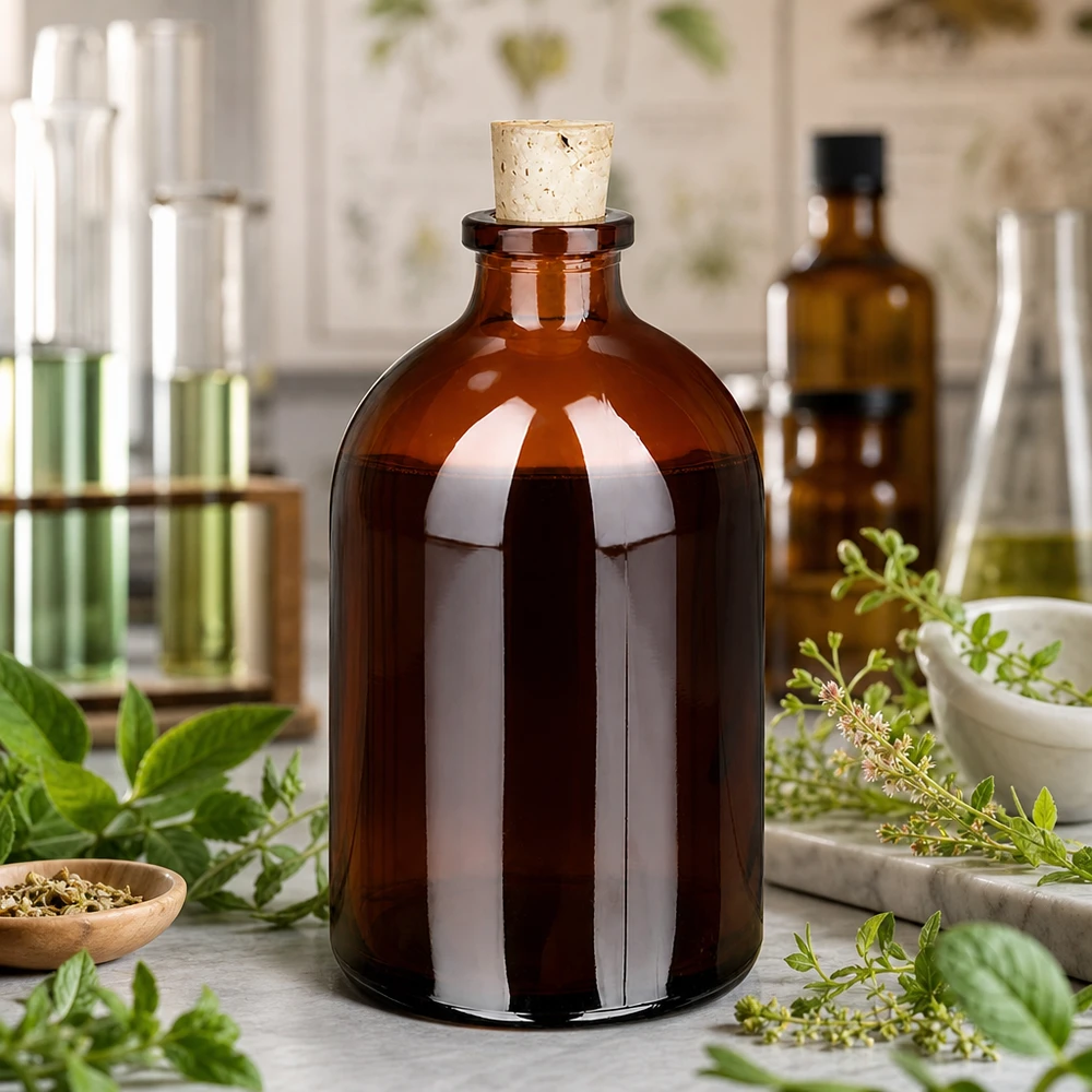 Botella de vidrio ámbar 100ml con corcho 11/14mm Rundbodenflasche 100ml Braunglas mit Korkdurchmesser 11/14mm neben Mörser und Kräuterextrakten
