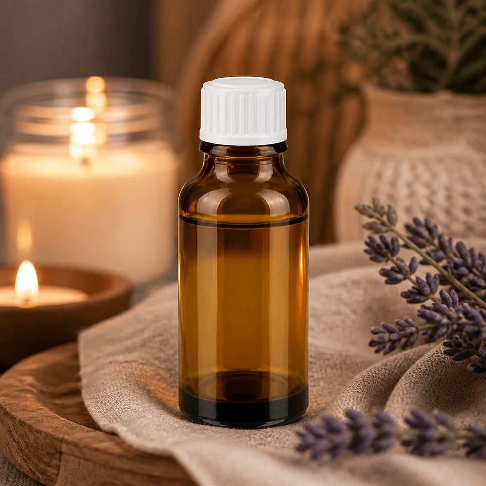 Frasco de cristal de 20 ml de color ámbar con tapón cuentagotas blanco, sobre una bandeja de madera con lavanda