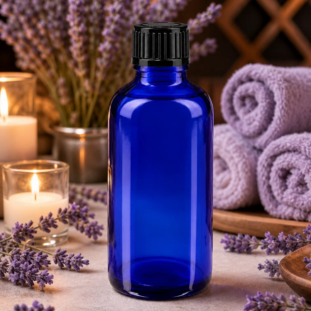 Botella de cristal azul de 50 ml con tapón negro, rodeada de flores de lavanda y velas