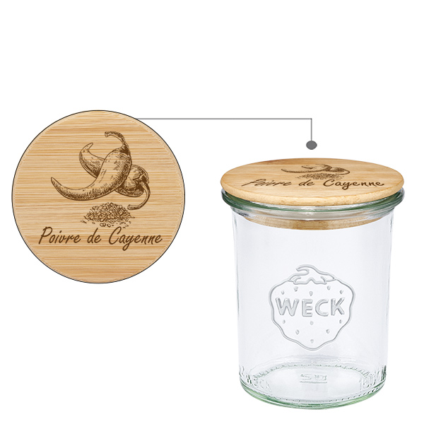 Couvercle en bois "Poivre de Cayenne" avec WECK verre à pied Couvercle en bois "Poivre de Cayenne" avec WECK verre à pied