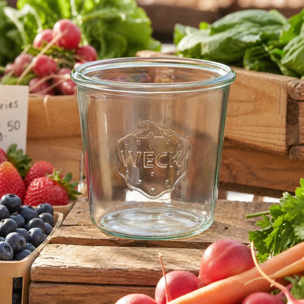 Tarro de conserva WECK RR100 de 580 ml sobre tabla de madera con fruta y verdura fresca del mercado