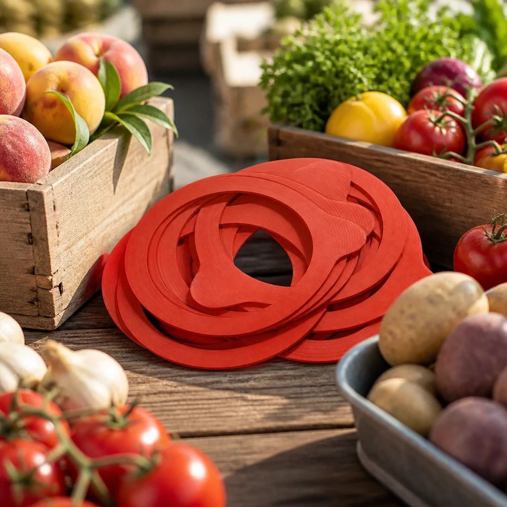 Anillo de sellado de caucho natural RR80 Einkochring RR80 Naturgummi rot auf rustikalem Holztisch mit frischem Obst Gemüse Marktstand Atmosphäre Einkochen