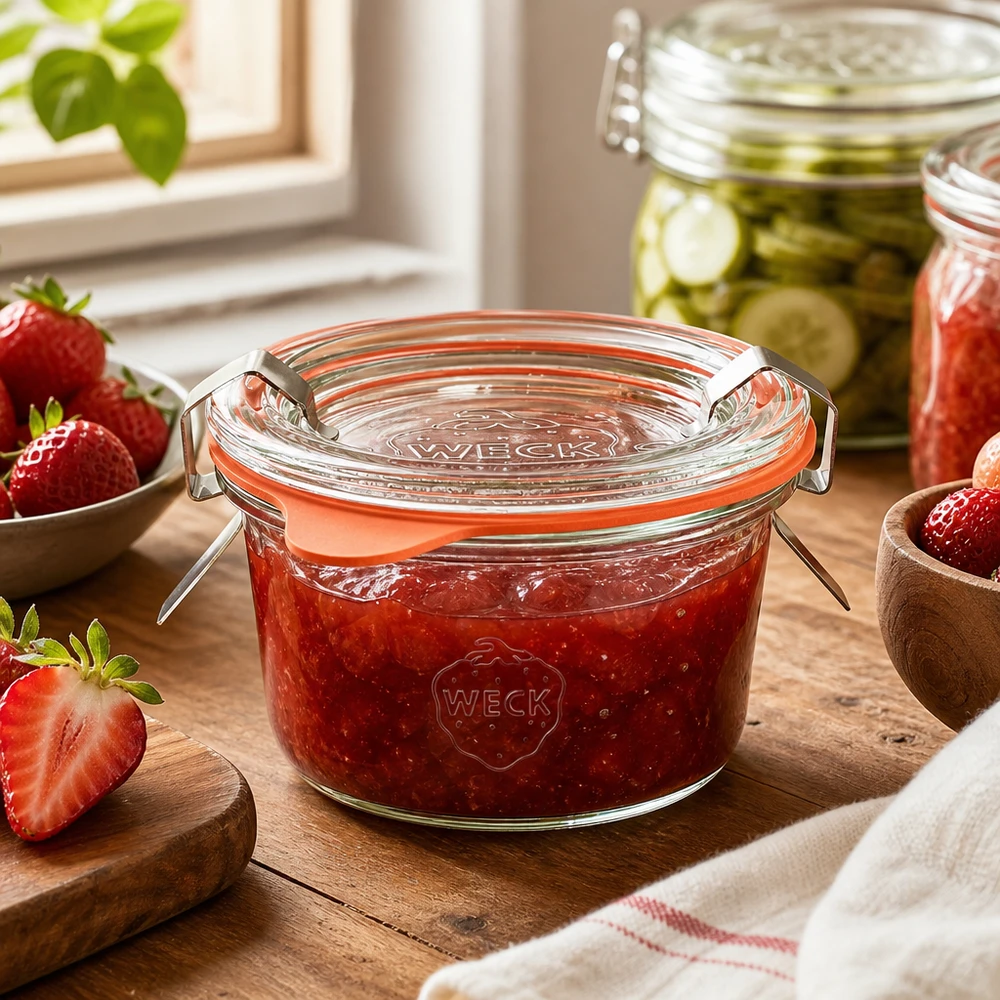 Juego completo de vasos de 50ml WECK RR60 Vasos WECK 50ml RR60 en la cocina llenos de mermelada de fresa casera junto a fresas frescas sobre tabla de madera