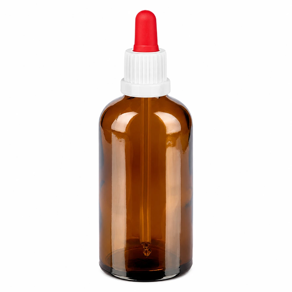 Frasco pipeta de 100 ml marrón con tapón blanco y pipeta roja para una dosificación precisa