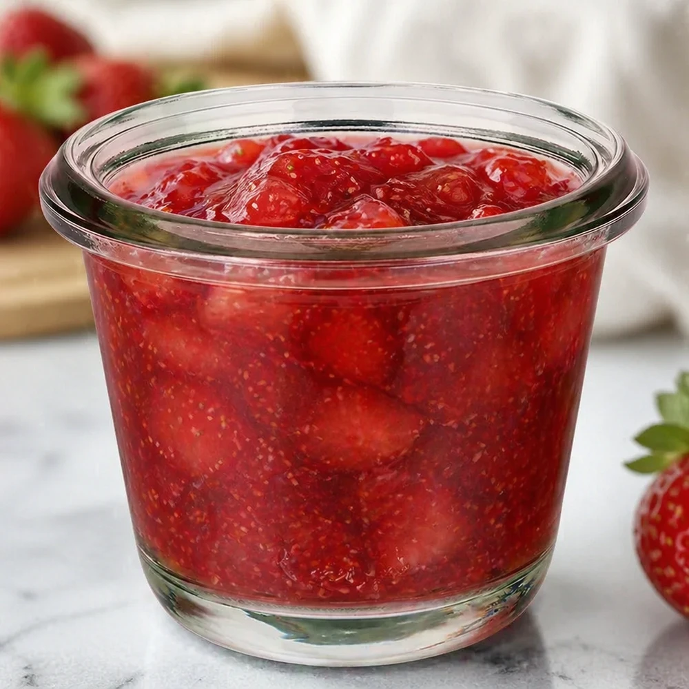 WECK Gourmet tarro RR60 80ml lleno de mermelada de fresa roja entre fresas frescas sobre una encimera de mármol