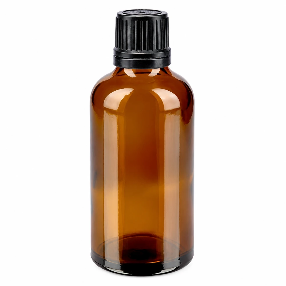 Frasco de vidrio ámbar de 50 ml con tapón OV negro, de vidrio de farmacia de 8 mm para aceites esenciales