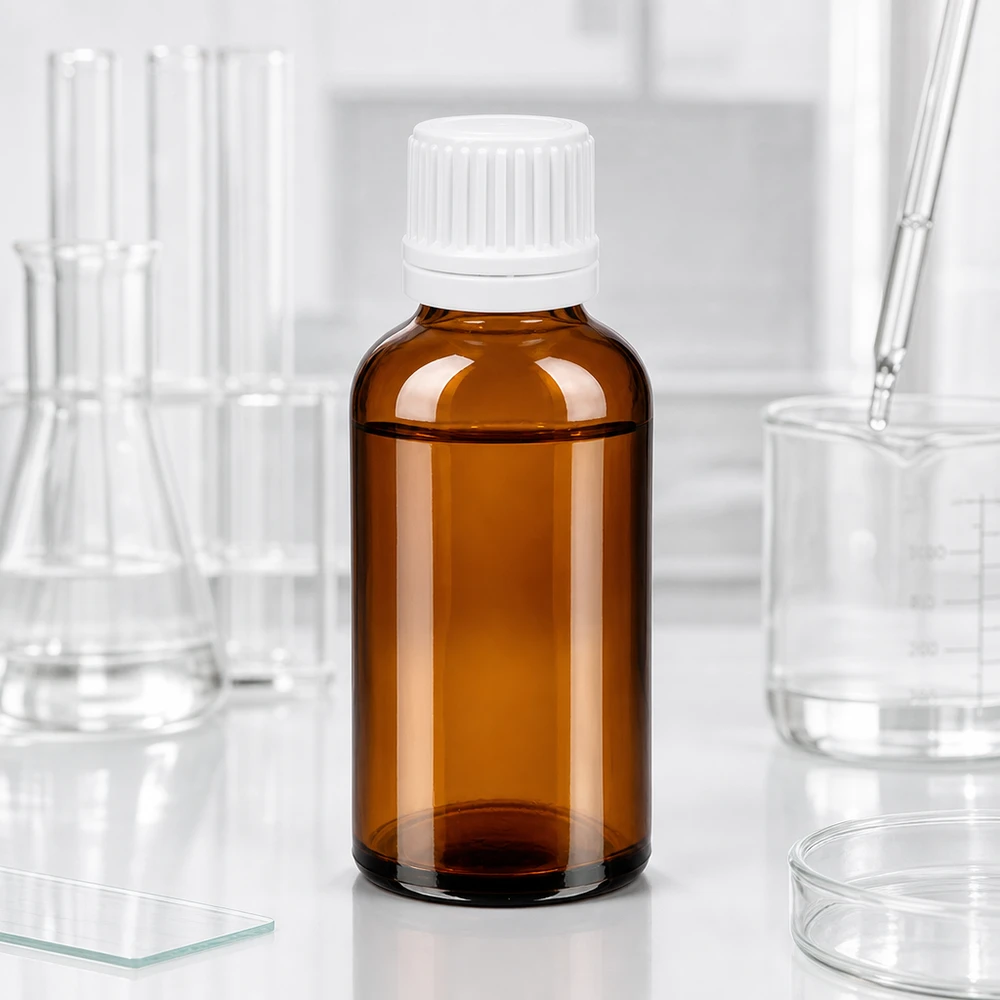 Frasco cuentagotas compacto de 50 ml de vidrio ámbar con tapón de rosca blanco para uso farmacéutico y de laboratorio