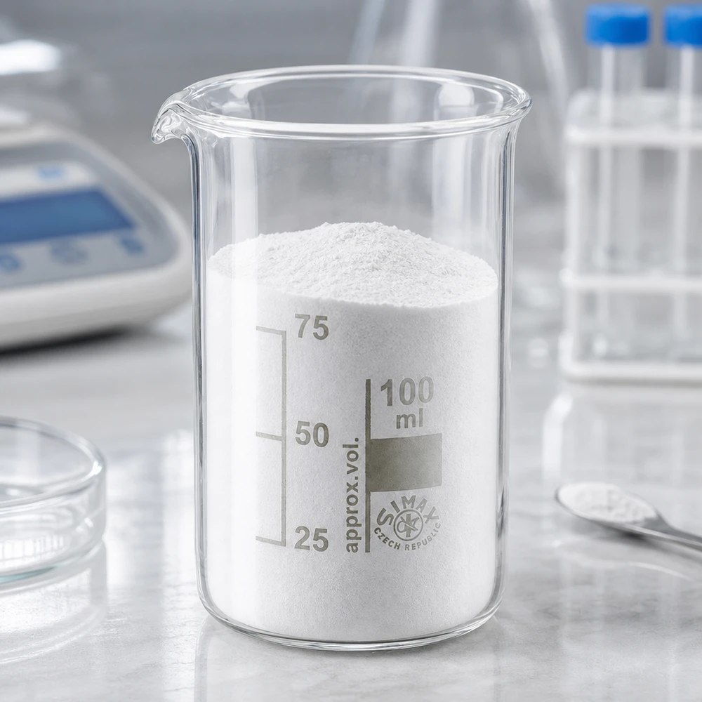 Polvo blanco en un vaso de precipitados de 100 ml, de forma alta, de vidrio borosilicato, sobre la mesa del laboratorio