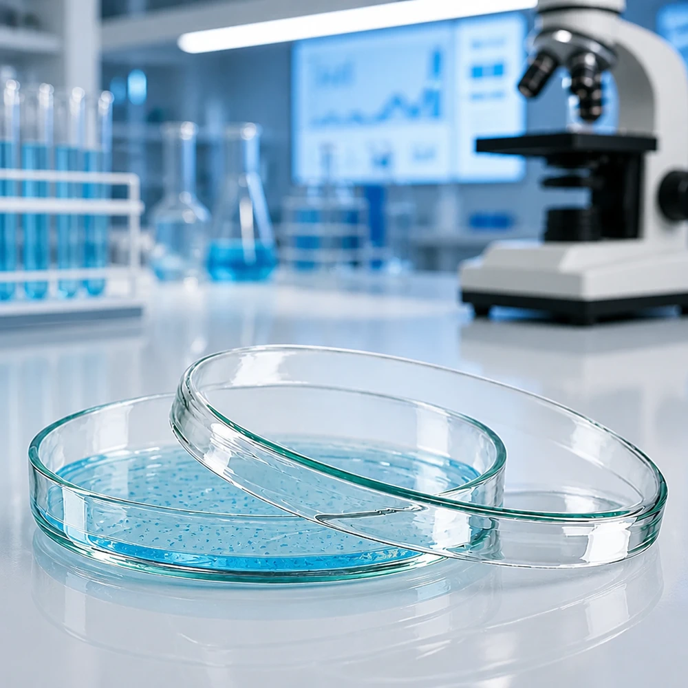 Dos placas de Petri de cristal de 100 x 15 mm con medio azul en un moderno laboratorio de investigación