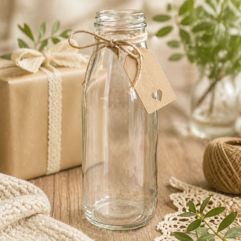 Frasco de vidrio de 500 ml sin tapa (TO48) UNiTWIST Botella de cristal de 500 ml TO48 UNiTWIST vacía con etiqueta de papel kraft y cordón de yute decorado como embalaje de regalo