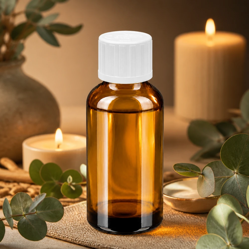 Frasco boticario de 30 ml de vidrio ámbar con protección UV y tapón blanco para aromaterapia