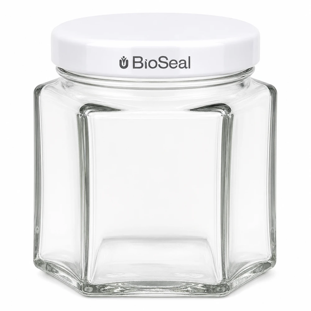 Tarro hexa de 47ml con tapa blanca BioSeal UNiTWIST