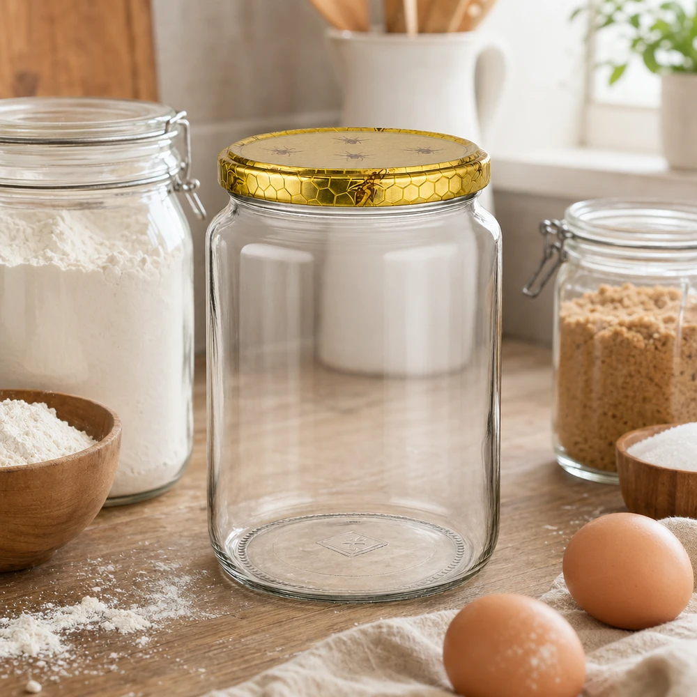 Tarro para miel de 1000 g con tapa con diseño de panal BasicSeal UNiTWIST Tarro de miel de 1000g con tapa de panal junto a harina, huevos e ingredientes de repostería sobre encimera de madera Escena de cocina Apicultura