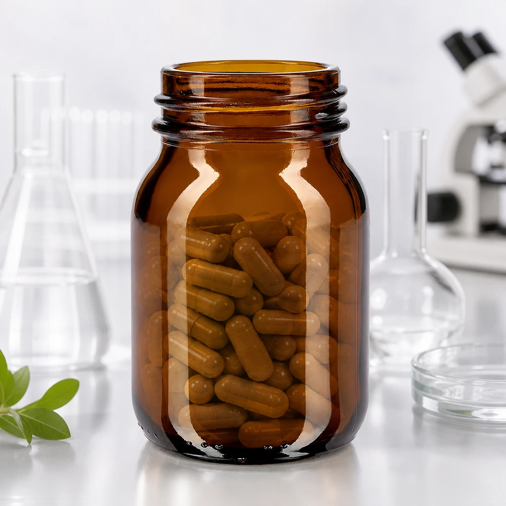 Botella de cuello ancho de 75ml en vidrio ámbar con acabado de cuello DIN 40 Frasco de farmacia compacto de vidrio ámbar de 75 ml con abertura ancha para medicamentos