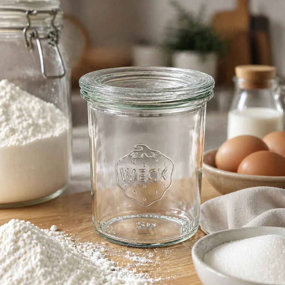 Tarro de cristal de 160 ml con tapa de cristal WECK RR60 WECK 160ml RR60 tarro de cocina rústico vacío con harina, huevos y leche para conservar y almacenar
