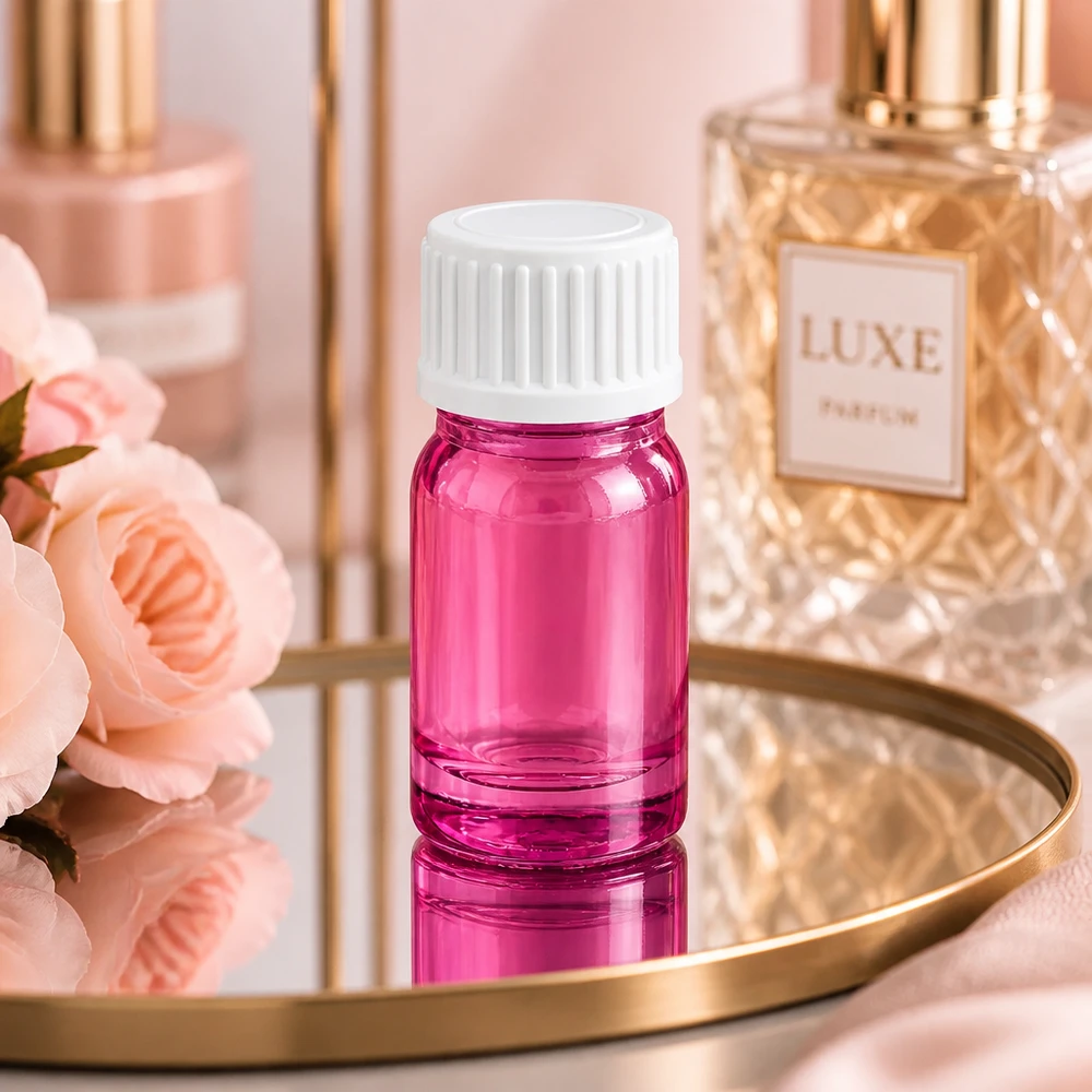 Frasco compacto de vidrio de 5 ml en rosa con tapa blanca para aplicaciones móviles de perfumería y cosmética