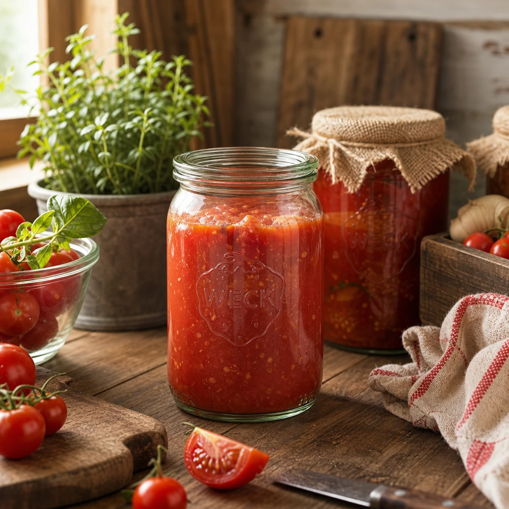 Tarro de conserva WECK 145ml lleno de salsa de tomate en cocina rústica con tomates y hierbas frescas