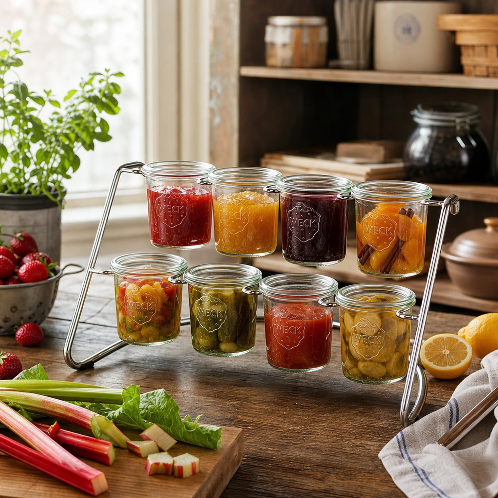 Estante para servir Flato8 con coloridas mermeladas y confituras dispuestas en tarros WECK en un ambiente de cocina rústica