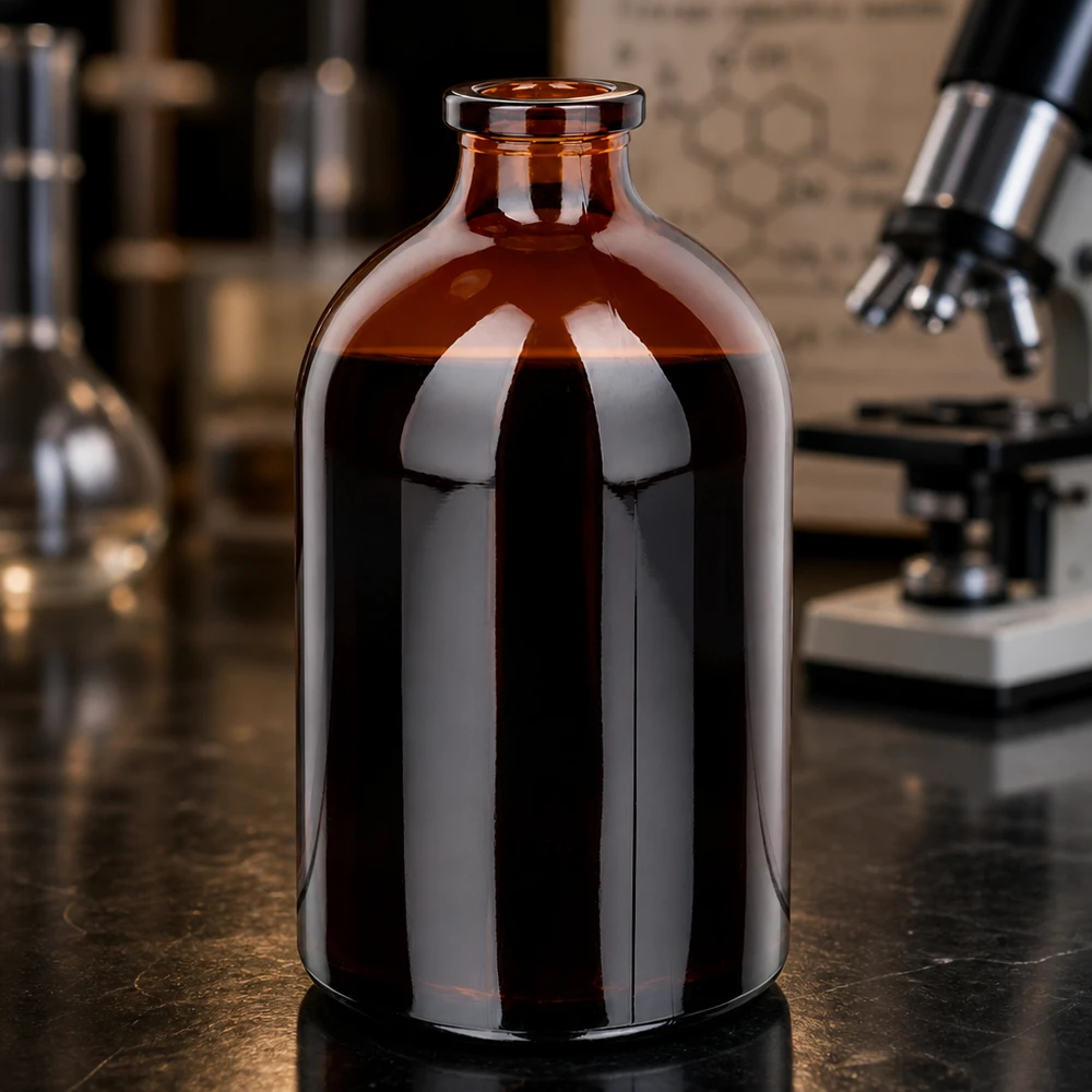 Frasco de inyección de vidrio ámbar 100ml Hochwertige Braunglas Injektionsflasche 100ml mit glänzender Oberfläche auf schwarzer Laborplatte