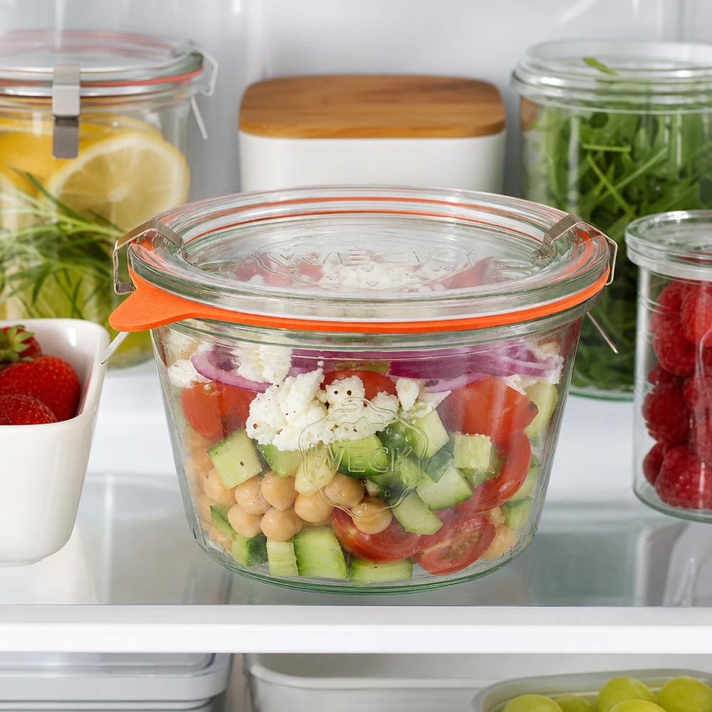 WECK 370ml RR100 vasos llenos de ensalada fresca en la nevera muestran el almacenamiento ideal de Meal Prep