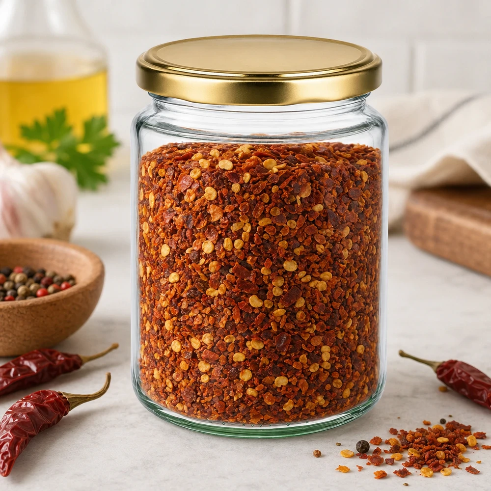 Tarro de miel de 450 g relleno de copos de guindilla muestra el uso versátil Tarro BasicSeal para especias y almacenamiento en la cocina