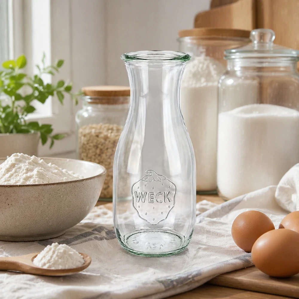 Botella para zumo WECK RR60 de 530 ml WECK Saftflasche 530ml RR60 leer in natürlicher Küchenszene mit Eiern Mehl und Vorratsgläsern für Backen kochen