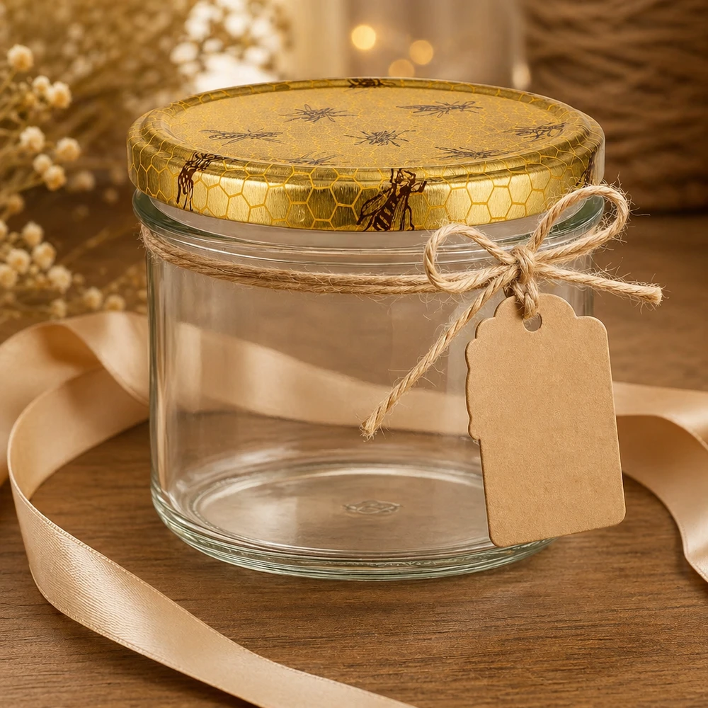 Tarro para miel de 250 g con tapa con diseño de panal BasicSeal UNiTWIST Tarro de miel de 250 g vacío con tapa de nido de abeja etiqueta de regalo cuerda de yute y cinta de decoración