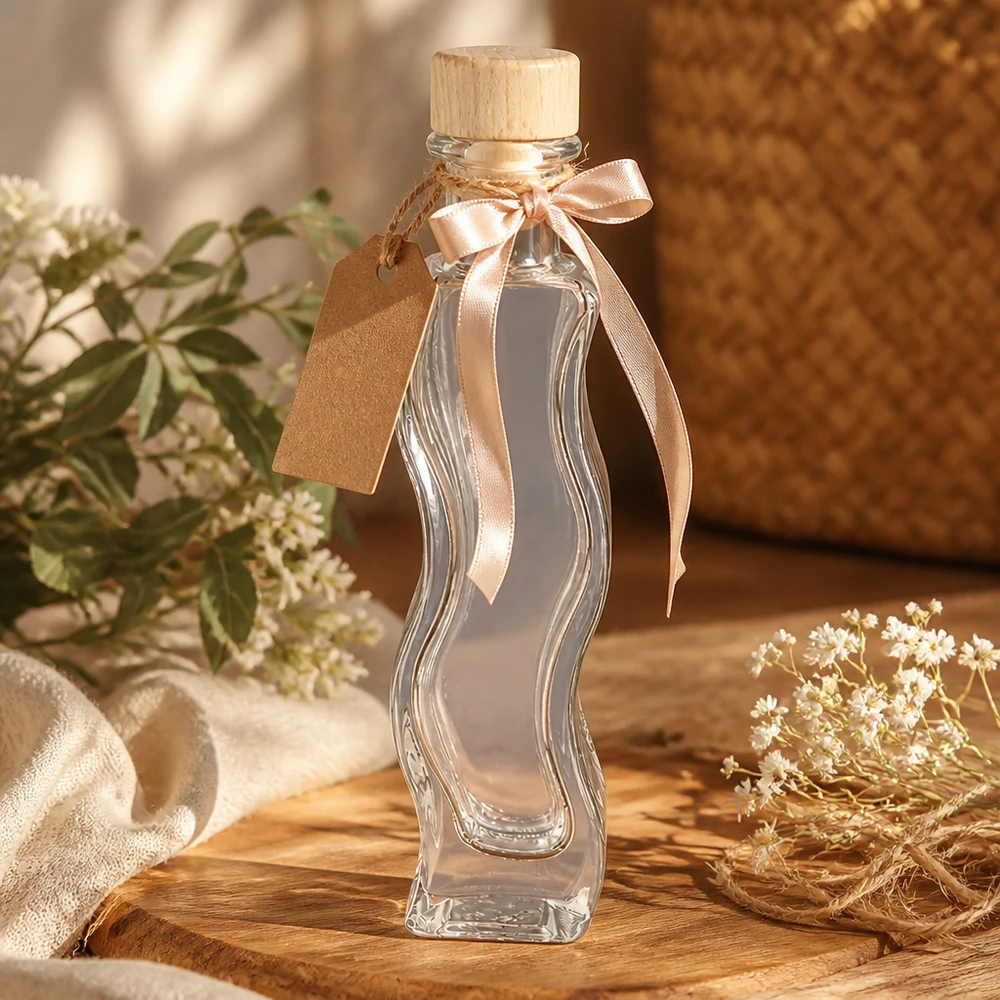 Botella de vidrio de 100 ml «Melissa» con tapón de corcho con asa de madera UNiTWIST® Botella de cristal Melissa 100ml para regalo decorada con lazo rosa etiqueta de papel kraft corcho de madera decoración natural