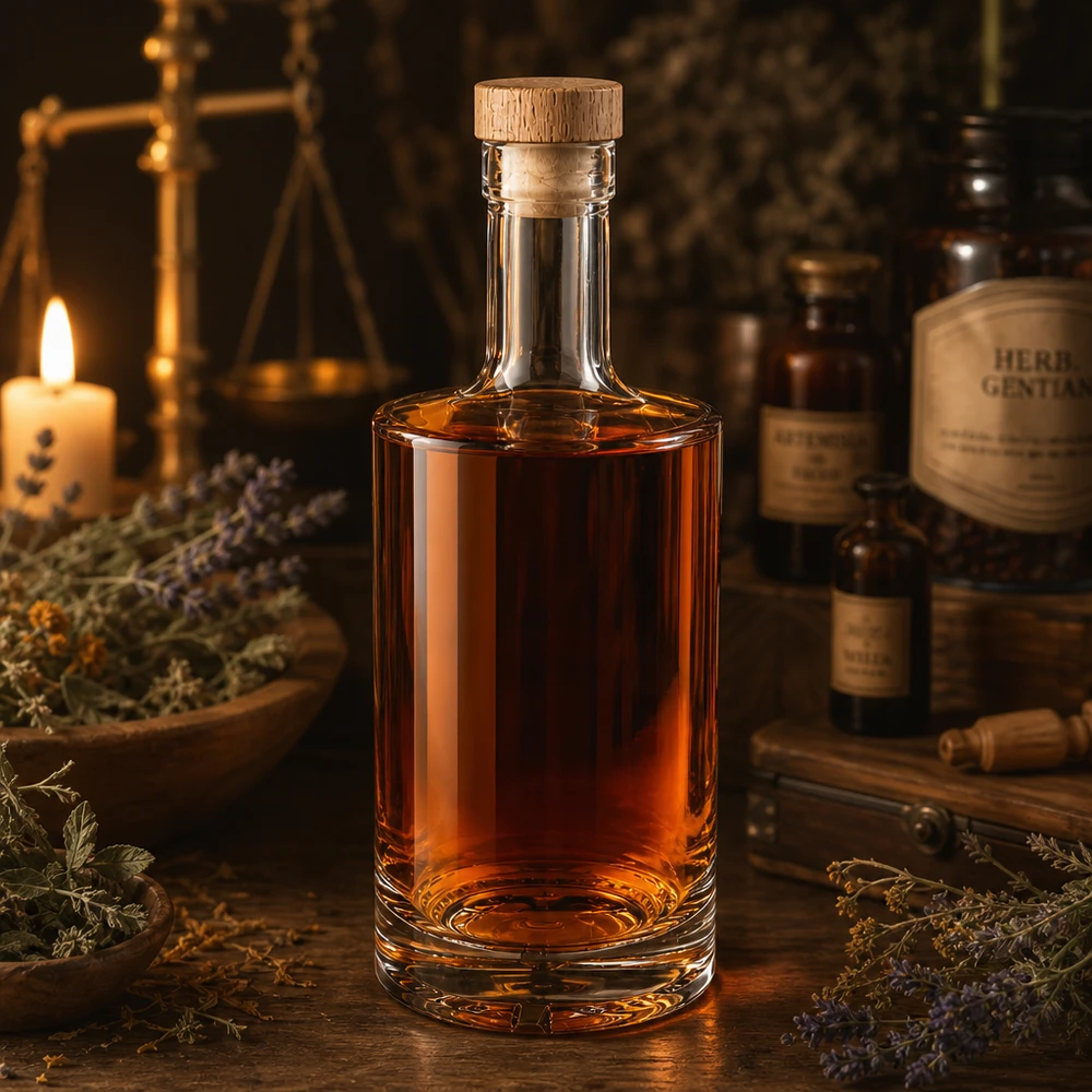 Botella de cristal de 500 ml Nora con licor de hierbas corcho de madera color ámbar UNiTWIST vela de ambiente botica lavanda