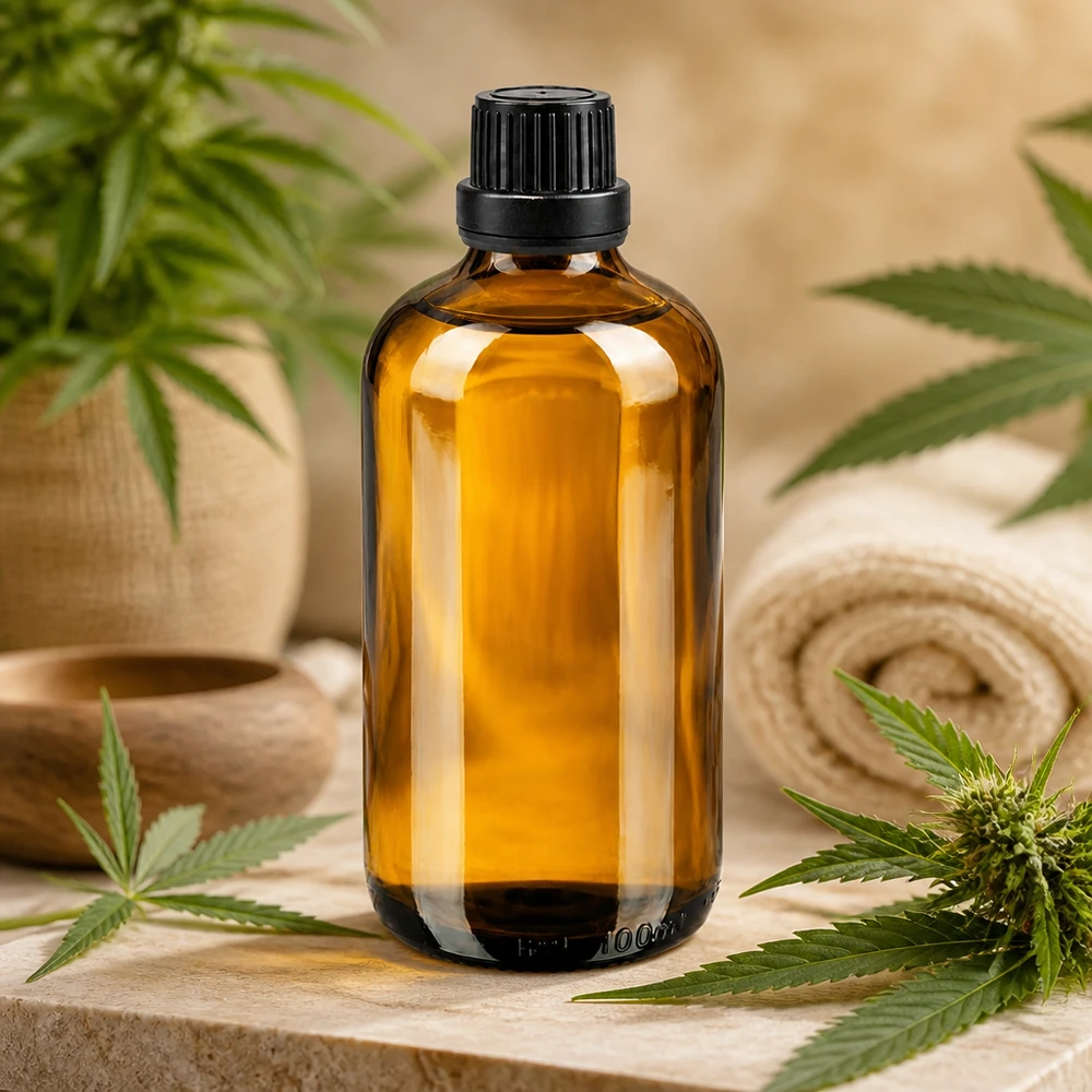 Frasco cuentagotas de vidrio ámbar de 100 ml con tapón OV negro, entre hojas de cannabis sobre un fondo de piedra