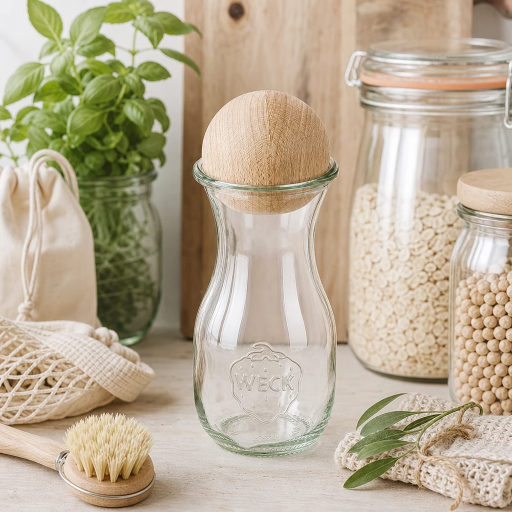 Botella para zumo de 290 ml WECK RR60 con bola de madera de haya Botella de zumo WECK 290ml RR60 con bola de madera en cocina sostenible de residuo cero entre tarros de almacenaje y materiales naturales
