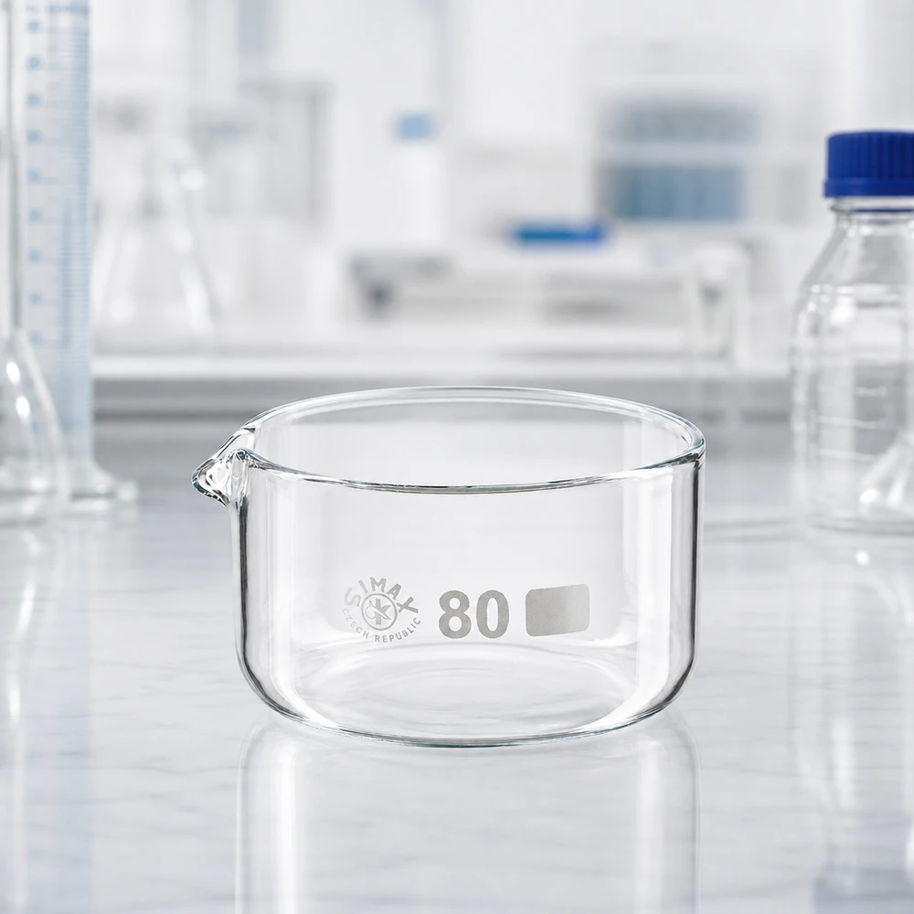 Cubeta de cristalización 150ml con pico borosilicato ø80mm Cubeta de cristalización vacía de 150 ml con pico vertedor para entornos de laboratorio profesionales, ø 80 mm, SIMAX