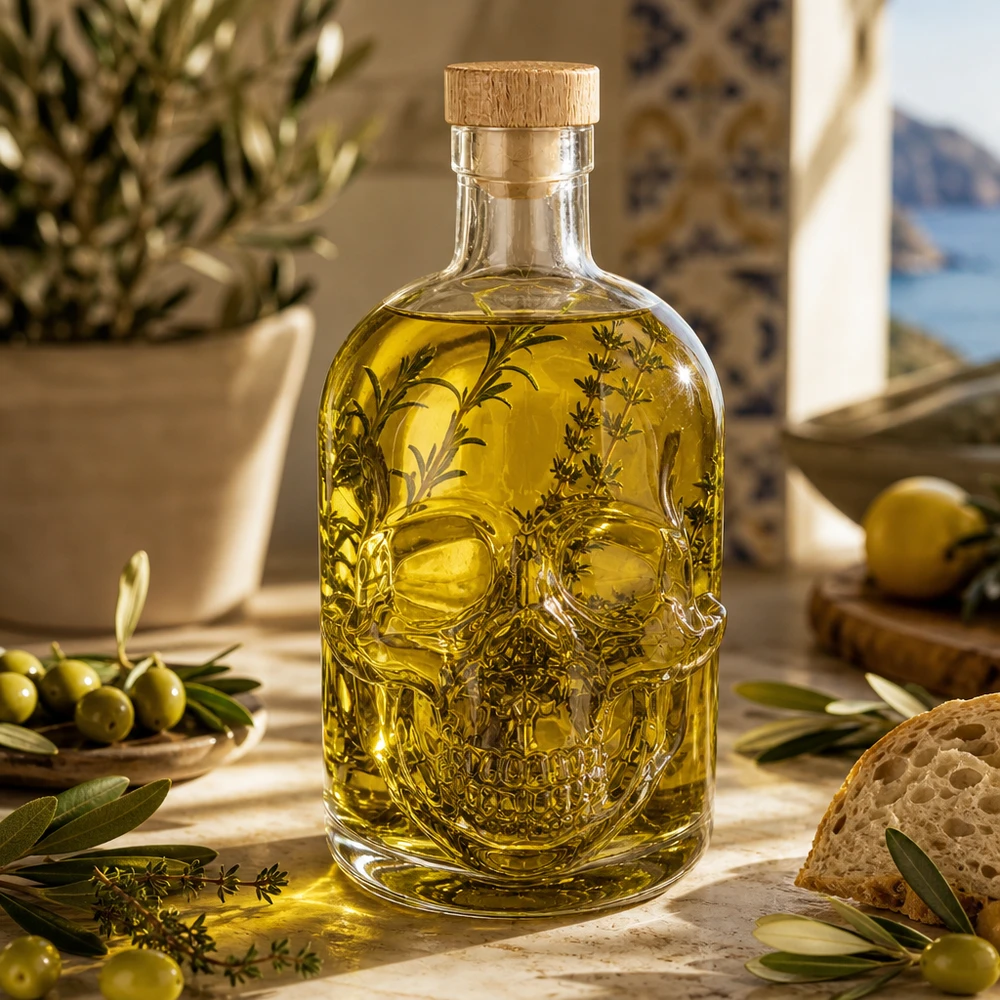 Botella de cristal Jack 500ml llena de aceite de oliva y hierbas, decoración de cocina mediterránea con aceitunas y pan