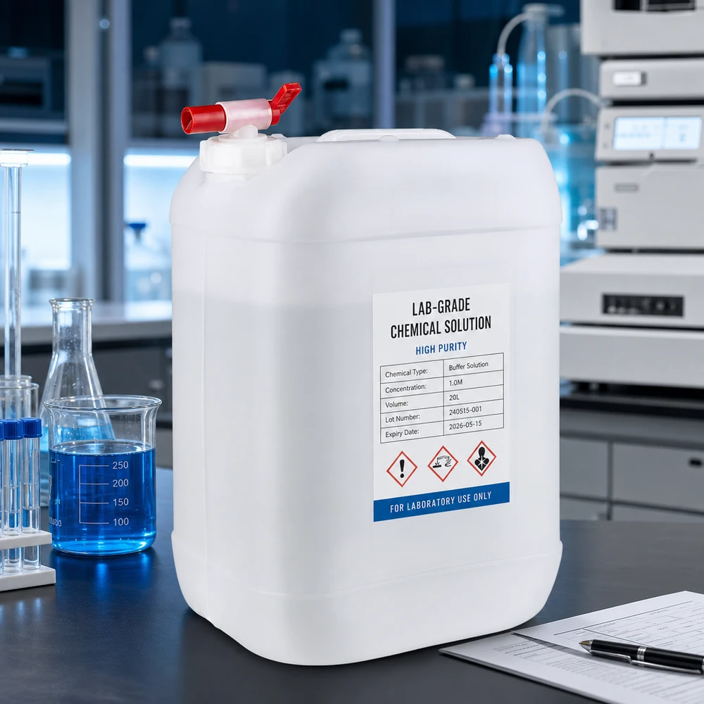 Bidón de laboratorio de 25 litros con etiqueta de productos químicos y grifo de purga rojo para solución tampón