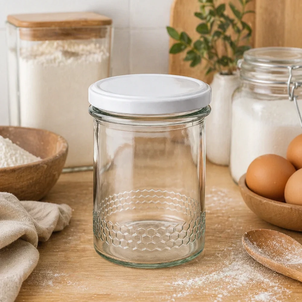 Tarro de miel de 400 ml con motivo de panal en la cocina junto a los huevos tarros de harina y almacenamiento equipo de cocina natural BasicSeal